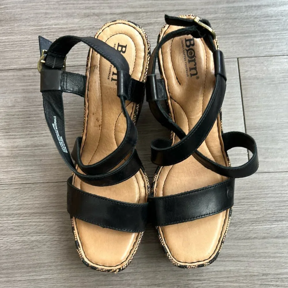 Born Sudo Wedge Sandals Black & Tan Leather Strappy Platform Boho Size W8